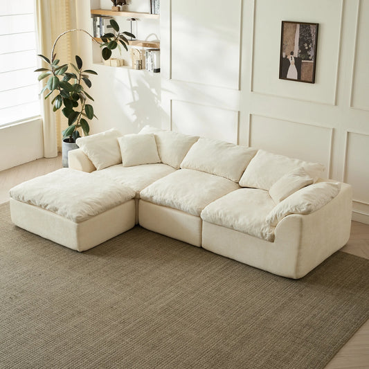 109" Modern Cloud L-Shaped 3-Seater Oversized Deep Seat Chenille Fabric Sofa White Modular Sectional with Ottoman