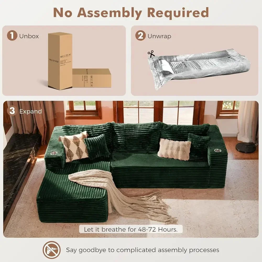 Large 108 Comfortable Cloud-Like Sectional Sofa, L-Shaped with Chaise, Memory Foam Upholstered, Living/Bedroom, Ready to Use, Co