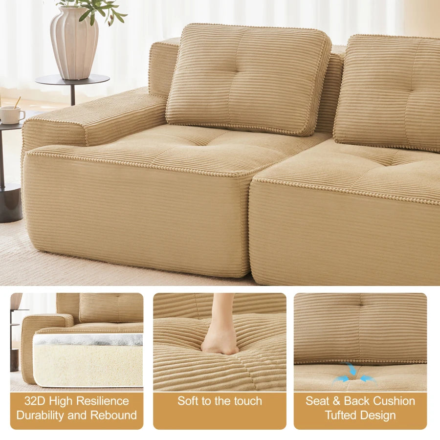 117" Modern L-Shaped Modular Sectional Sofa for Living Room, Corduroy Fabric, 3-Seater Couch with Deep Seat and Movable Ottoman