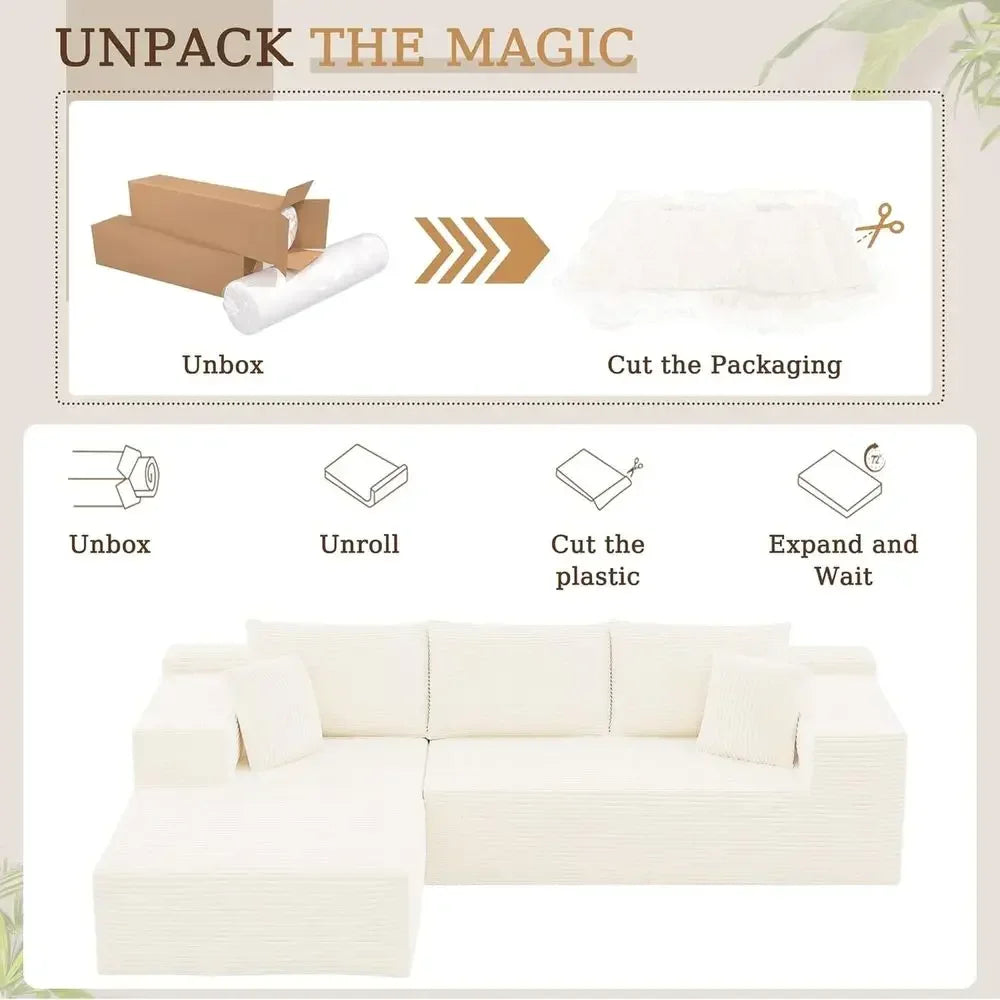 108 Inch L-Shaped Sectional Sofa with Deep Seating and Chaise, Cream Corduroy, Easy Assembly