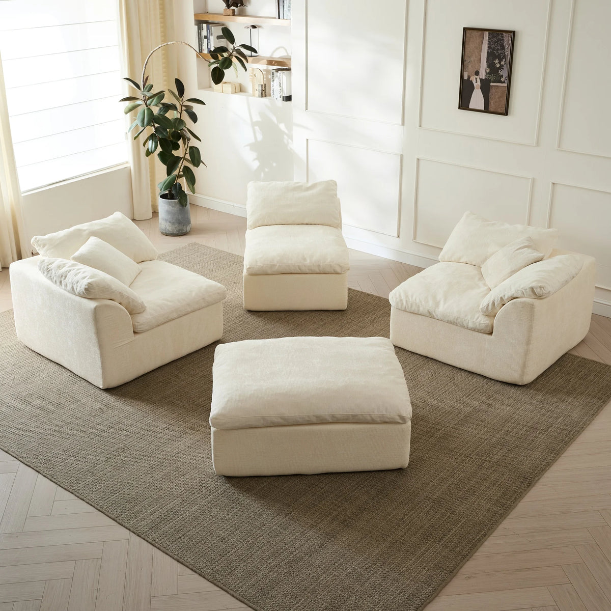 109" Modern Cloud L-Shaped 3-Seater Oversized Deep Seat Chenille Fabric Sofa White Modular Sectional with Ottoman