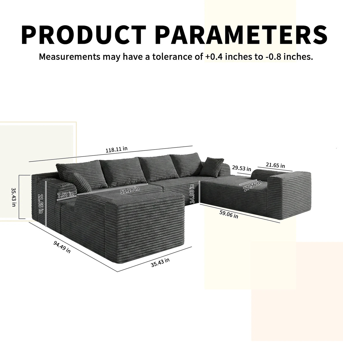 118-inch U-Shaped Sofa Bed, minimalist boneless design with no assembly required. Modular combination, skin-friendly velvet fabr