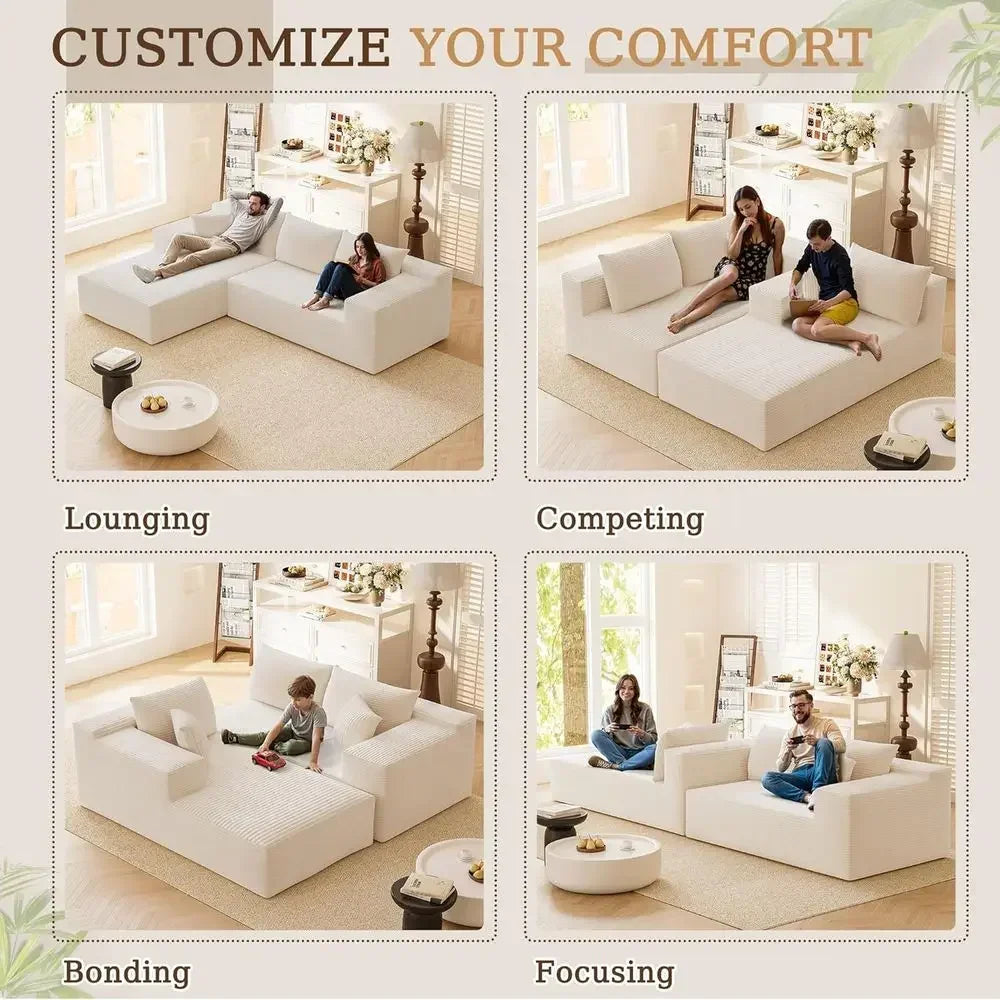 108 Inch L-Shaped Sectional Sofa with Deep Seating and Chaise, Cream Corduroy, Easy Assembly