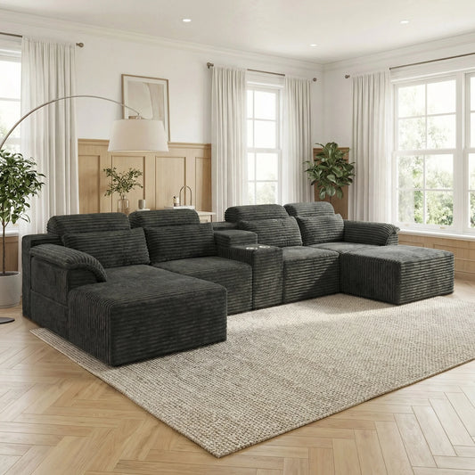 147" Luxury Cloud U-Shaped Sectional Couch, No Assembly Convertible Corduroy Modular Sofa Bed For Living Room, Home Theater, Villa, Apartment & Study