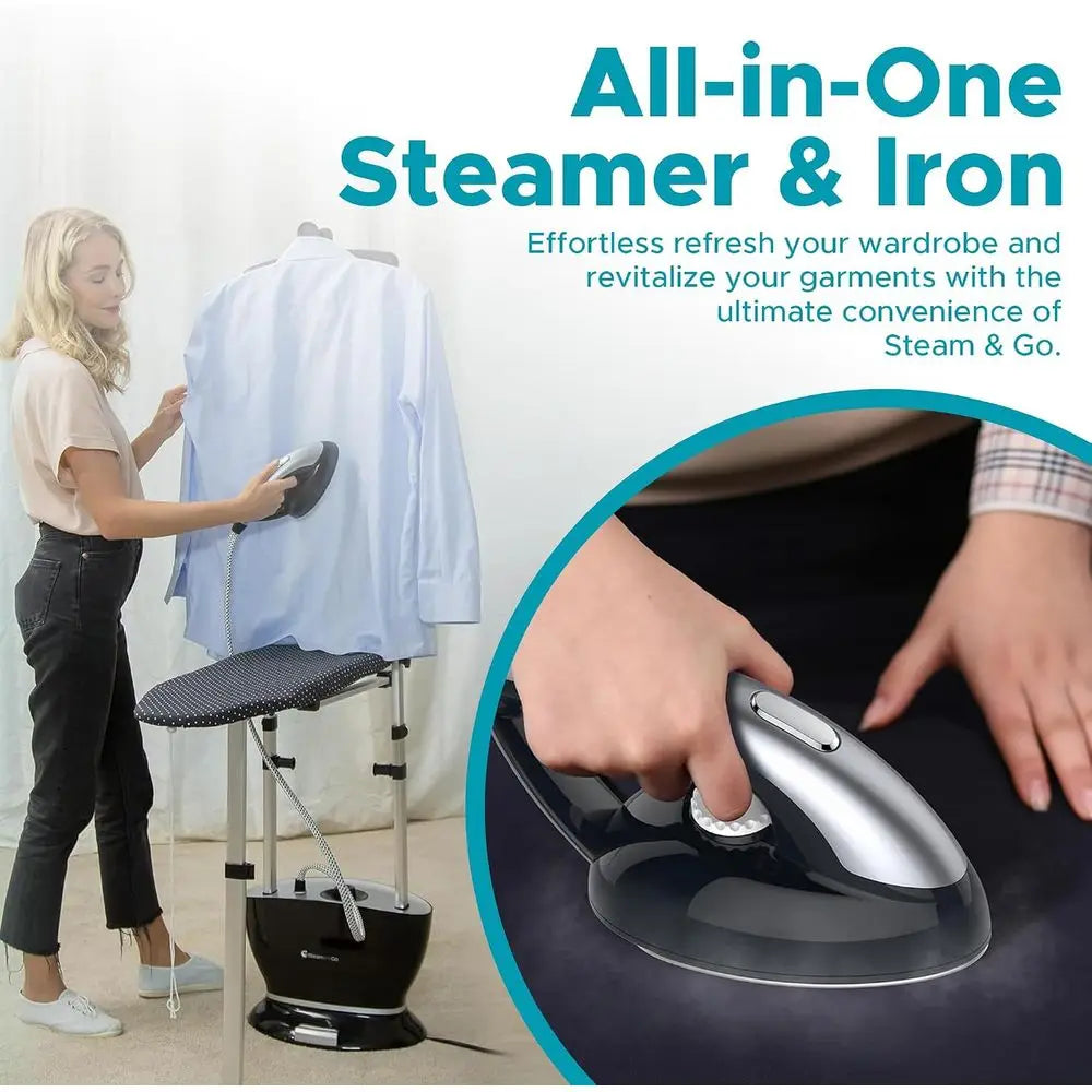 Steam & Go - All-in-One Garment Steamer and Iron, Prurized Steamer or Clothes with Ironing Board and Clothing Hanger, Steam Iron