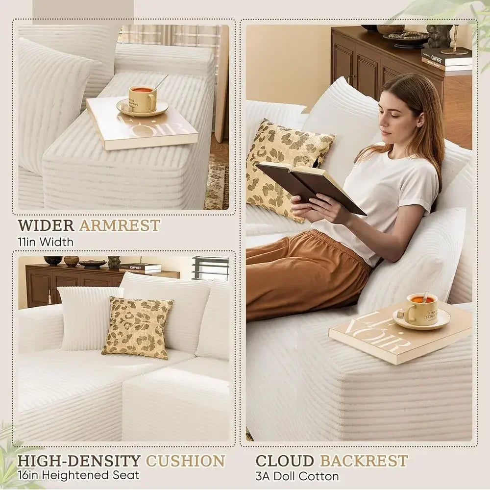 108 Inch L-Shaped Sectional Sofa with Deep Seating and Chaise, Cream Corduroy, Easy Assembly