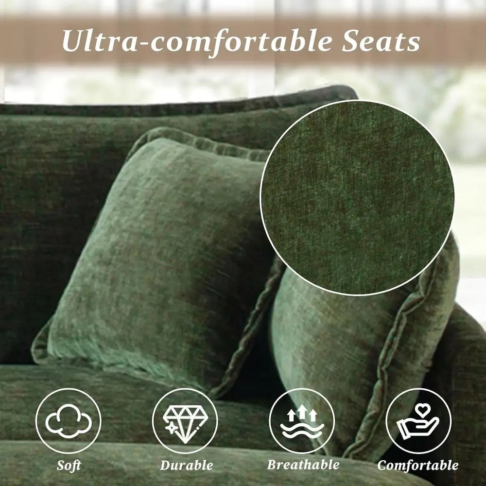 Green Plush L-Shaped Sectional Sofa with Ottoman for Living Room