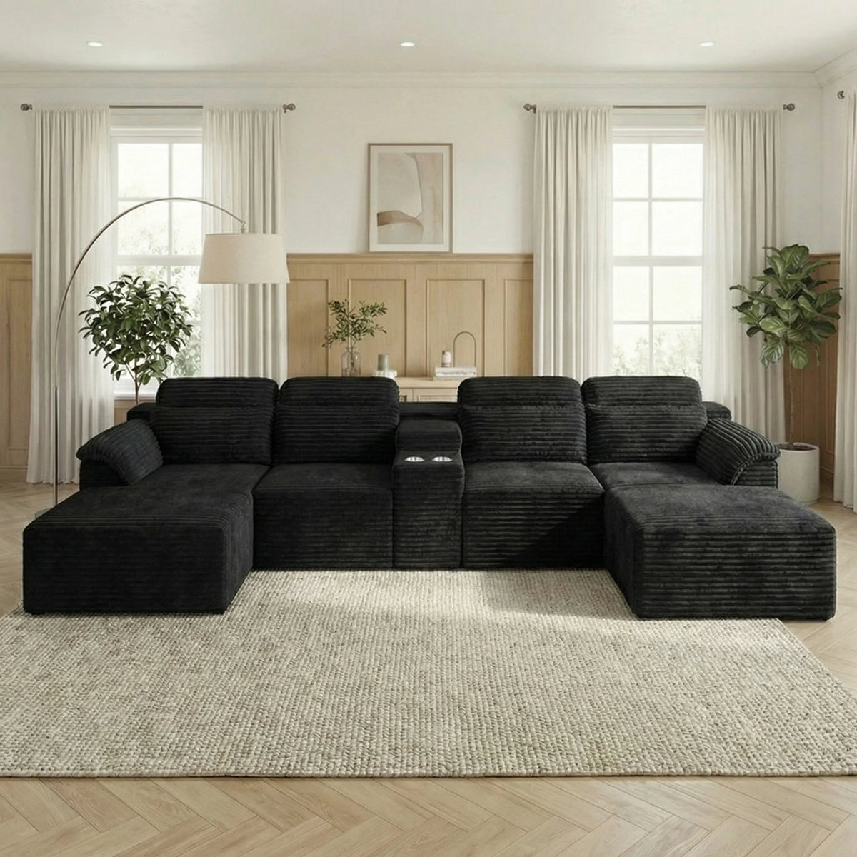 147" Luxury Cloud U-Shaped Sectional Couch, No Assembly Convertible Corduroy Modular Sofa Bed For Living Room, Home Theater, Villa, Apartment & Study
