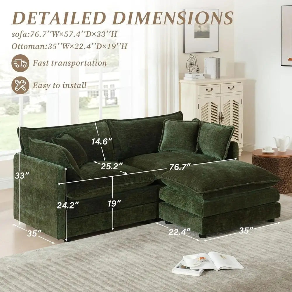 Green Plush L-Shaped Sectional Sofa with Ottoman for Living Room