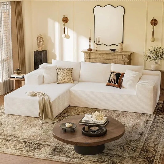 108 Inch L-Shaped Sectional Sofa with Deep Seating and Chaise, Cream Corduroy, Easy Assembly