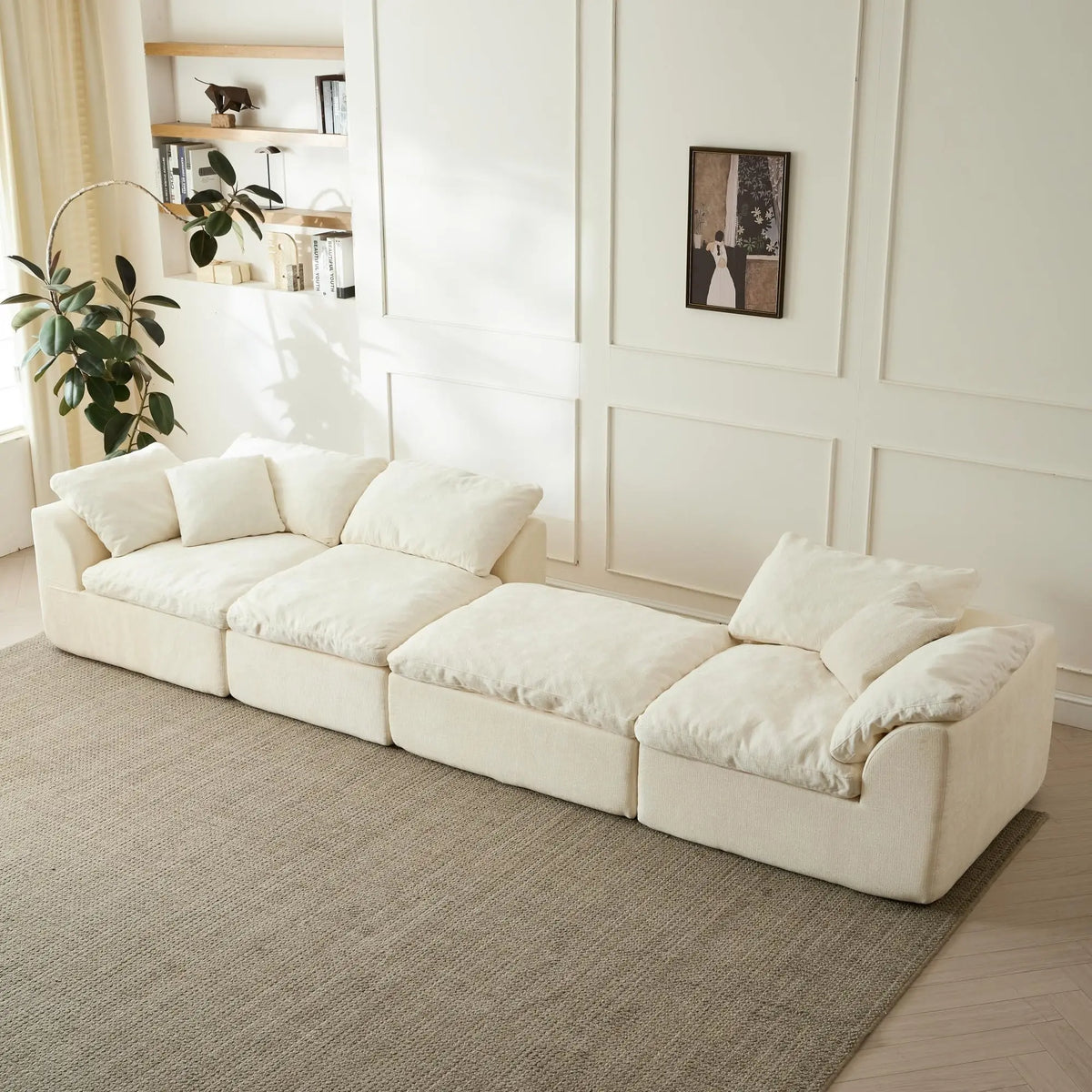 109" Modern Cloud L-Shaped 3-Seater Oversized Deep Seat Chenille Fabric Sofa White Modular Sectional with Ottoman