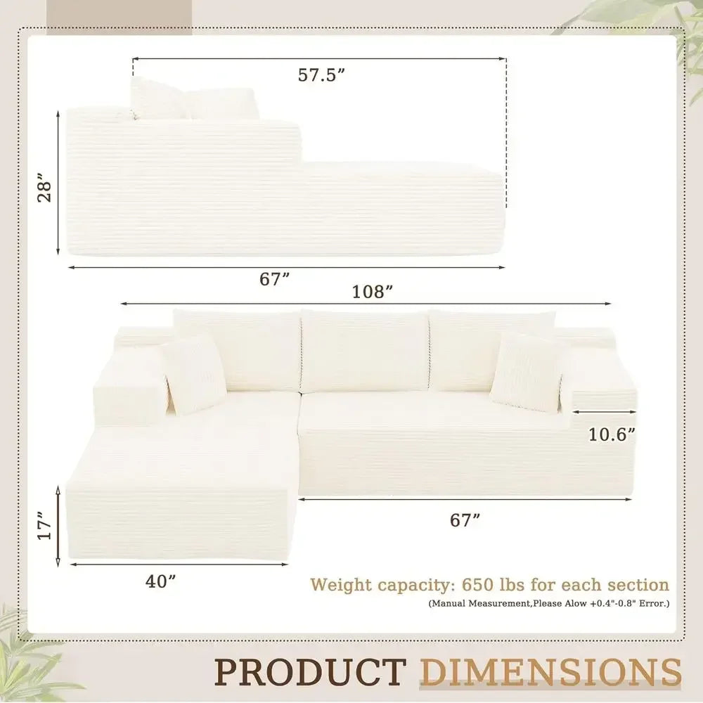 108 Inch L-Shaped Sectional Sofa with Deep Seating and Chaise, Cream Corduroy, Easy Assembly