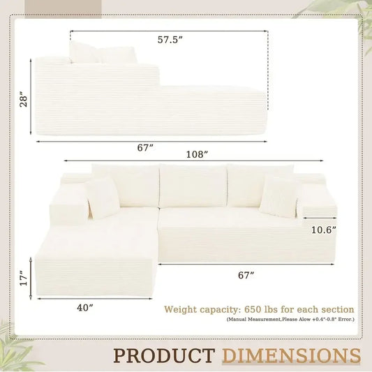 108 Inch L-Shaped Sectional Sofa with Deep Seating and Chaise, Cream Corduroy, Easy Assembly