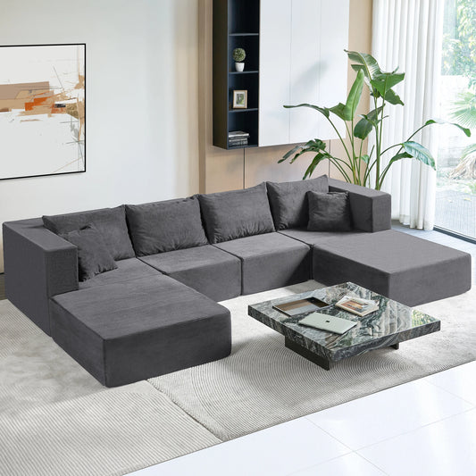 140" Modular Sectional Sofa Couches Corduroy Sleeper Deep Seat Sofa Bed, Comfy Cloud Couch for Living Room Floor Sofa, 6 Piece F