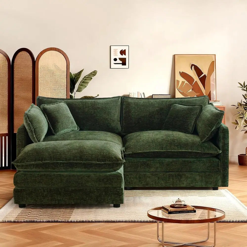 Green Plush L-Shaped Sectional Sofa with Ottoman for Living Room