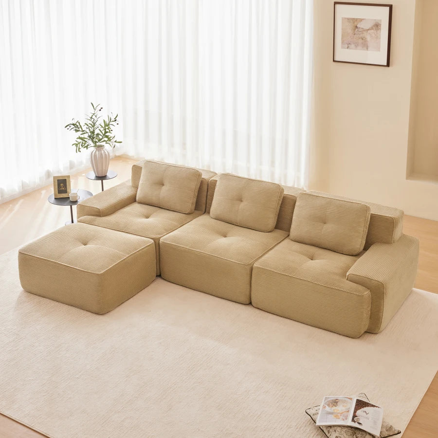 117" Modern L-Shaped Modular Sectional Sofa for Living Room, Corduroy Fabric, 3-Seater Couch with Deep Seat and Movable Ottoman