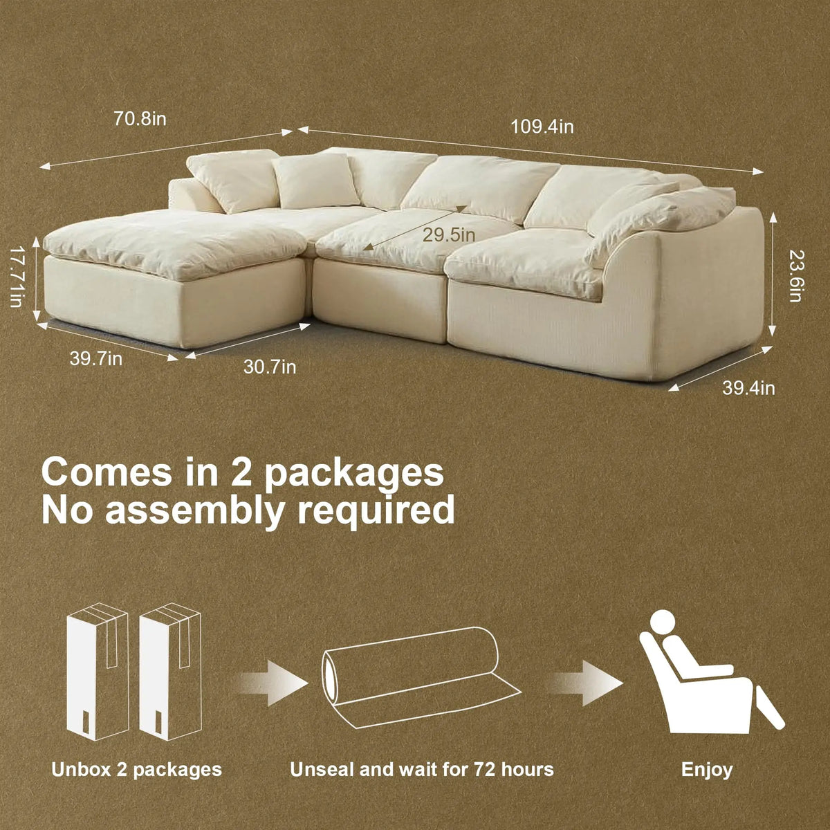 109" Modern Cloud L-Shaped 3-Seater Oversized Deep Seat Chenille Fabric Sofa White Modular Sectional with Ottoman