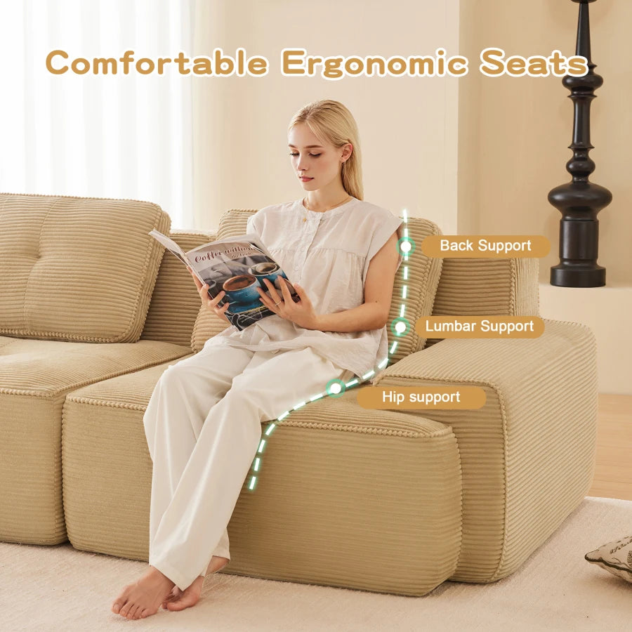 117" Modern L-Shaped Modular Sectional Sofa for Living Room, Corduroy Fabric, 3-Seater Couch with Deep Seat and Movable Ottoman