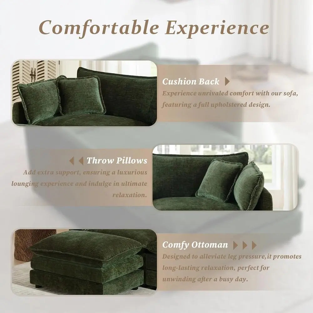 Green Plush L-Shaped Sectional Sofa with Ottoman for Living Room