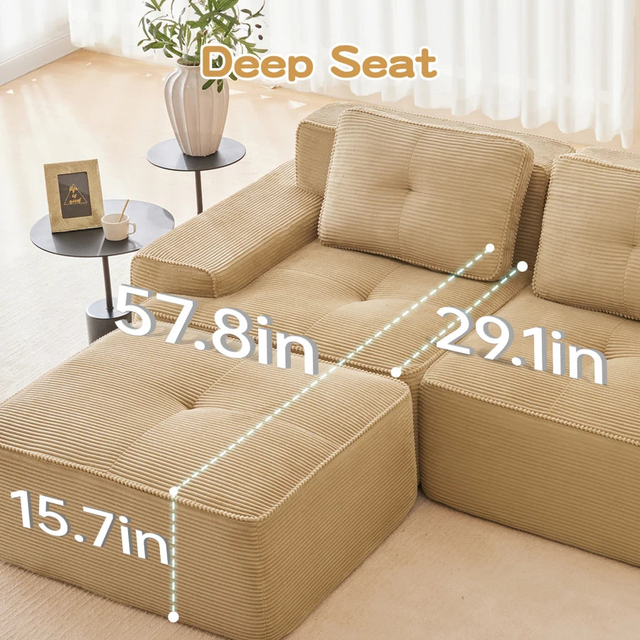 117" Modern L-Shaped Modular Sectional Sofa for Living Room, Corduroy Fabric, 3-Seater Couch with Deep Seat and Movable Ottoman