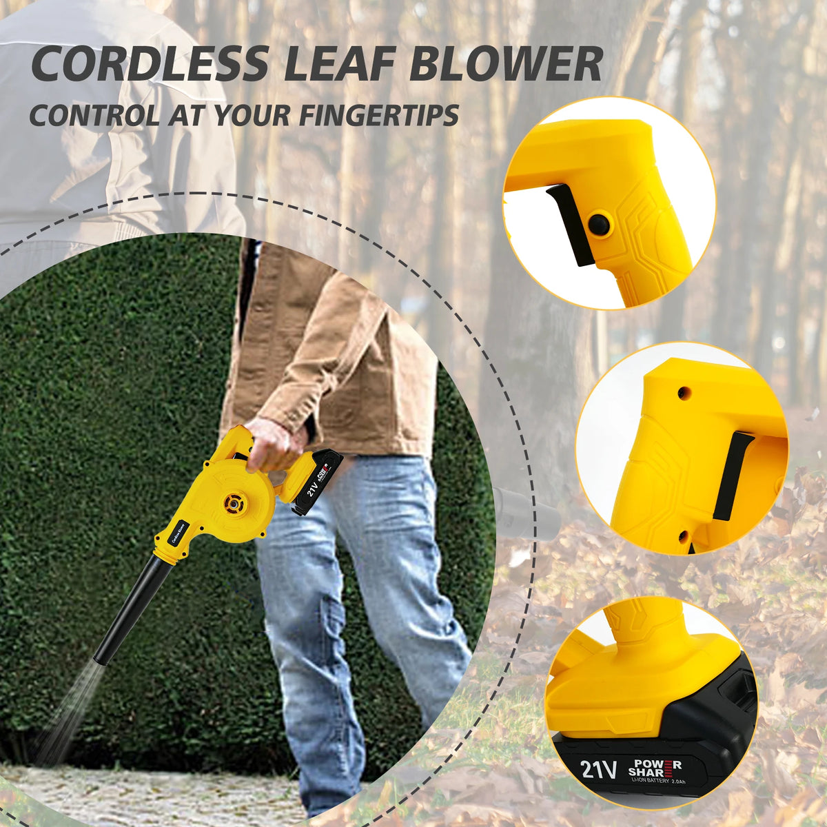 2-in-1 Cordless Air Blower Leaf Blower 21V Portable Vacuum Cleaner With 2x2.0Ah Battery and Charger for Lawn Care Cleaning Dust