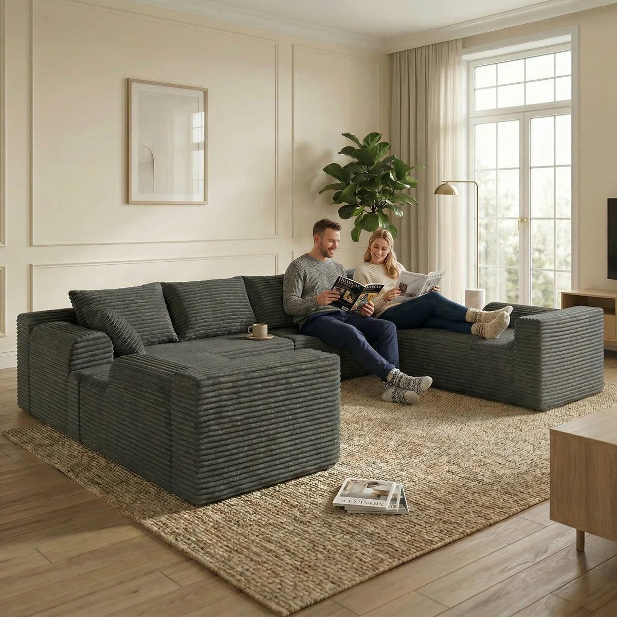 118-inch U-Shaped Sofa Bed, minimalist boneless design with no assembly required. Modular combination, skin-friendly velvet fabr