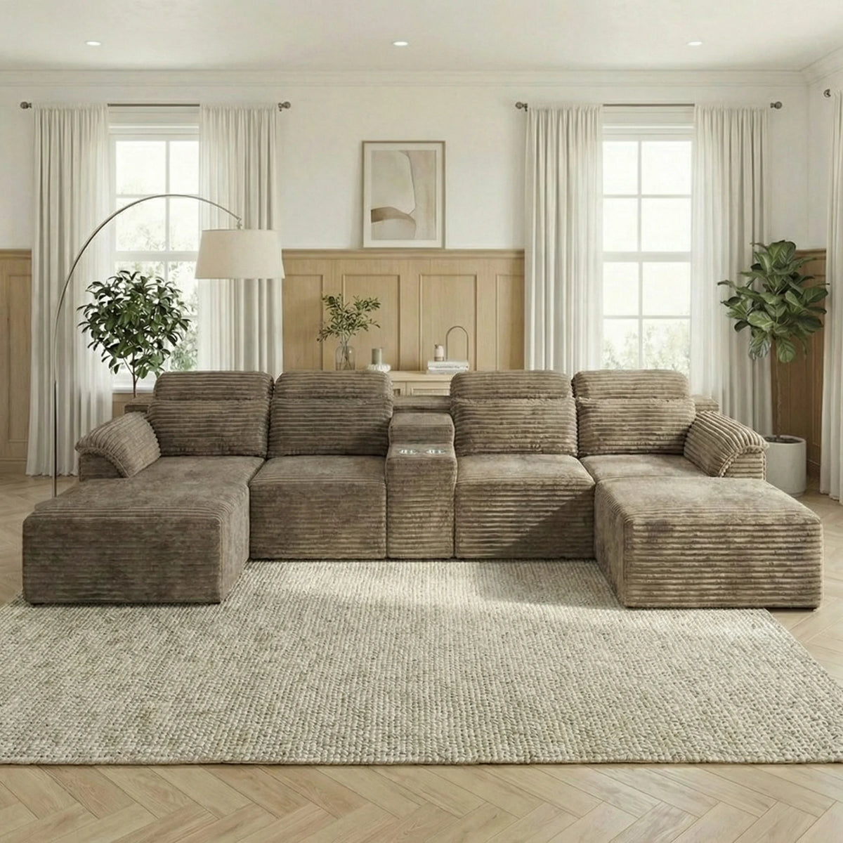 147" Luxury Cloud U-Shaped Sectional Couch, No Assembly Convertible Corduroy Modular Sofa Bed For Living Room, Home Theater, Villa, Apartment & Study