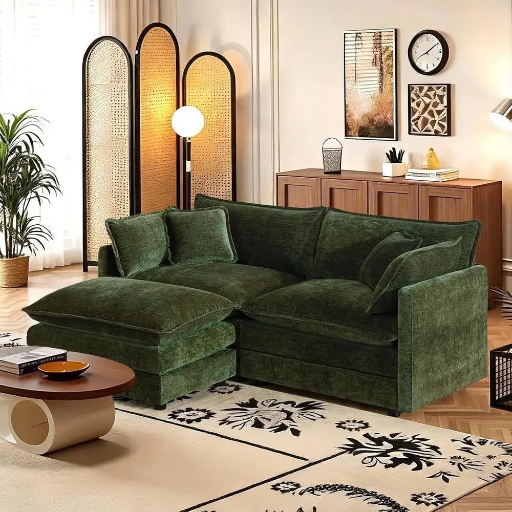 Green Plush L-Shaped Sectional Sofa with Ottoman for Living Room
