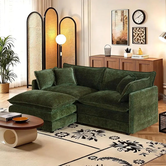 Green Plush L-Shaped Sectional Sofa with Ottoman for Living Room