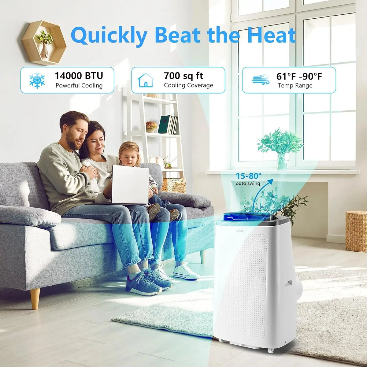 TACKVIEW 14000 BTU Portable Air Conditioner | 3-in-1 Cooling, Dehumidifier & Fan AC Unit with Remote Control for Bedroom Living Room Garage Rooms Up to 750 Sq.Ft