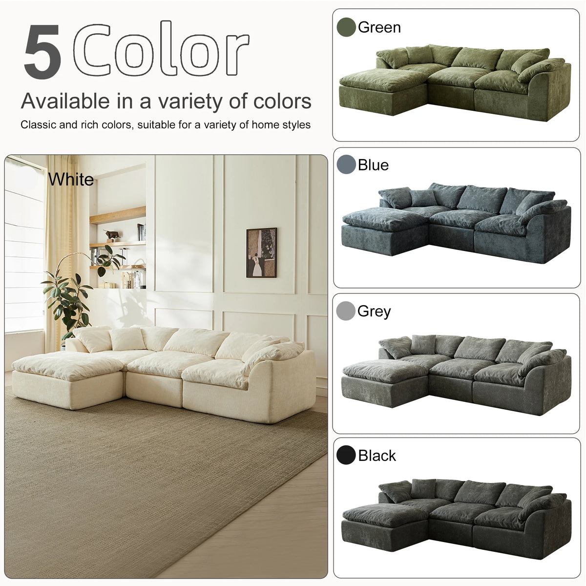 109" Modern Cloud L-Shaped 3-Seater Oversized Deep Seat Chenille Fabric Sofa White Modular Sectional with Ottoman