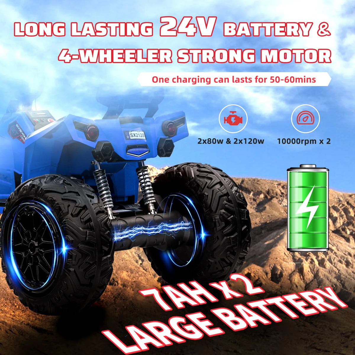 24V Kids Electric ATV 2 Seater 4WD Ride On Quad, 800W 4 Motor All Terrain Toy Car, Suspension, 5 MPH, Dual 12V 7Ah Batteries