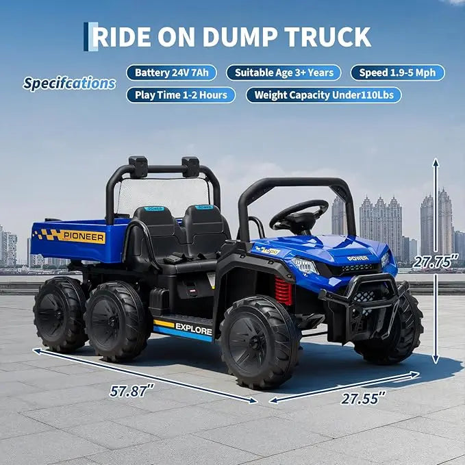 24V Ride on Toys, 2 Seater Dump Truck Car for Kids 4-8,4WD Electric Tractor with Remote Control, Dump Bed 3 Speed Music Player