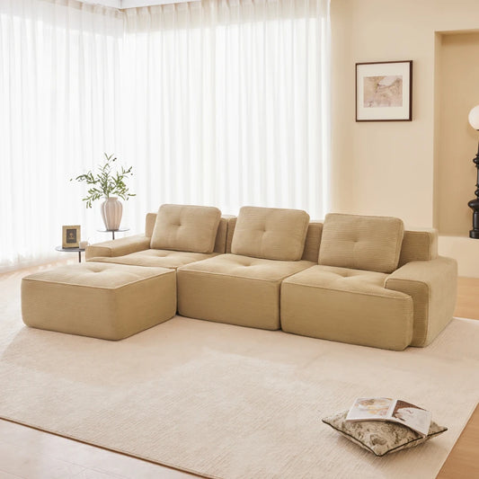 117" Modern L-Shaped Modular Sectional Sofa for Living Room, Corduroy Fabric, 3-Seater Couch with Deep Seat and Movable Ottoman