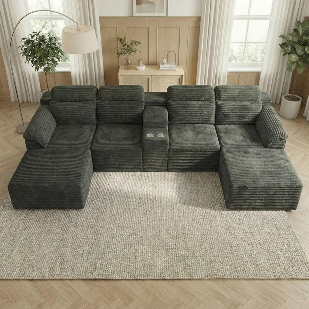 147" Luxury Cloud U-Shaped Sectional Couch, No Assembly Convertible Corduroy Modular Sofa Bed For Living Room, Home Theater, Villa, Apartment & Study