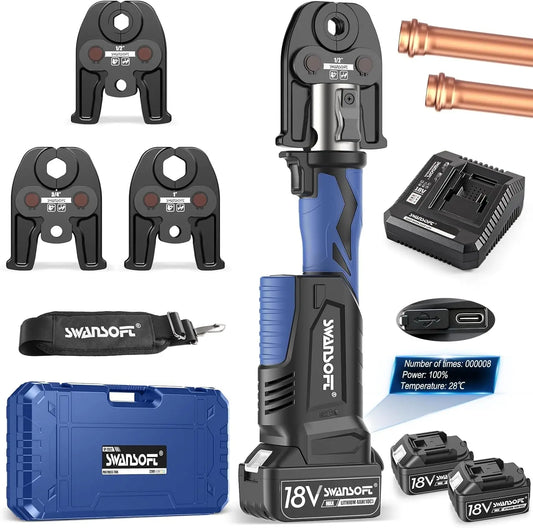 SWANSOFT Pro Press Tool, 18V 4Ah Battery Electric Hydraulic Crimping Tool for Copper Pipes with 3 US Compact VUS 1/2", 3/4'', 1",Jaws Pro Press Copper Plumbing Crimper Tool Kit