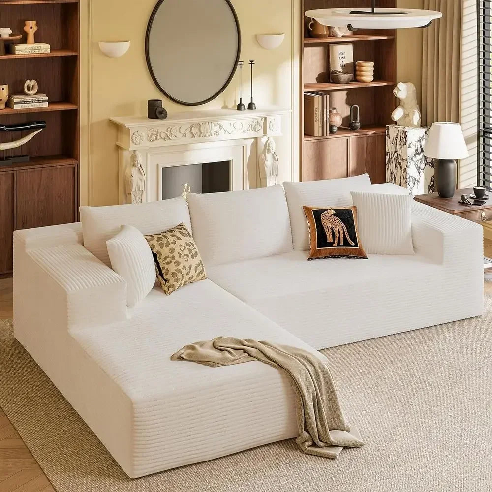 108 Inch L-Shaped Sectional Sofa with Deep Seating and Chaise, Cream Corduroy, Easy Assembly
