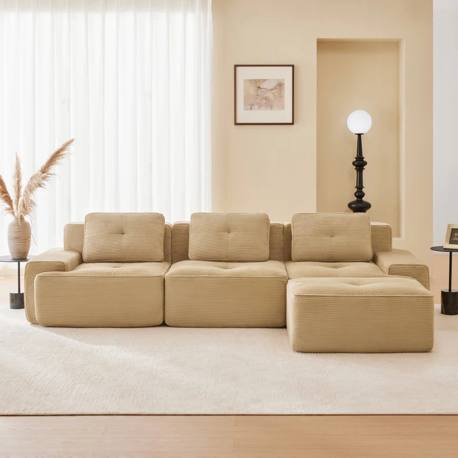 117" Modern L-Shaped Modular Sectional Sofa for Living Room, Corduroy Fabric, 3-Seater Couch with Deep Seat and Movable Ottoman