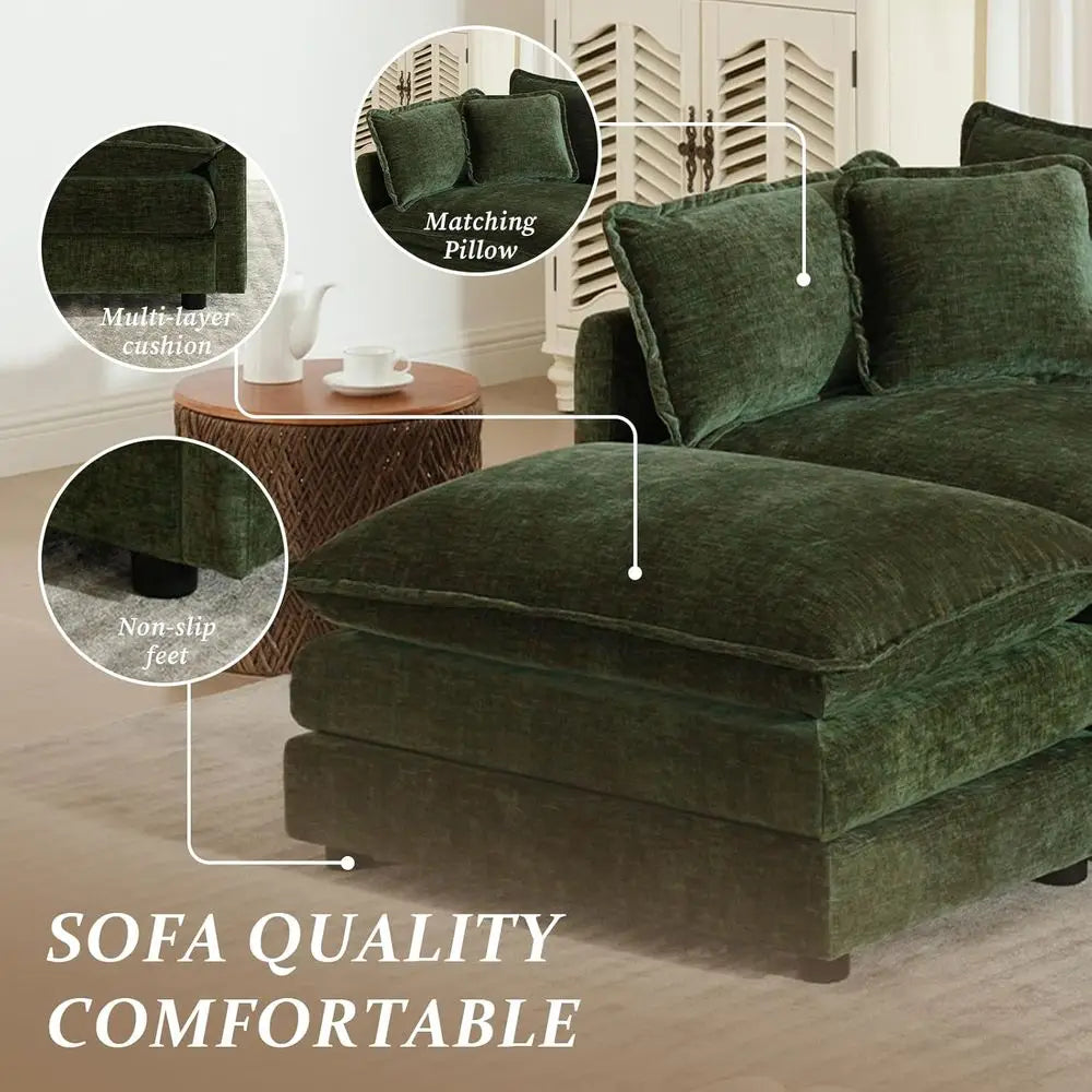 Green Plush L-Shaped Sectional Sofa with Ottoman for Living Room