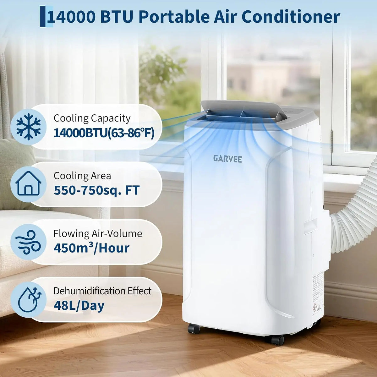 Tacleekii 14,000 BTU Portable Air Conditioner 3-in-1 AC Dehumidifier Fan with Remote Control & LED Touch Panel Cools Up to 750 Sq Ft 360° Wheels & Window Kit - for Bedroom Apartment Office