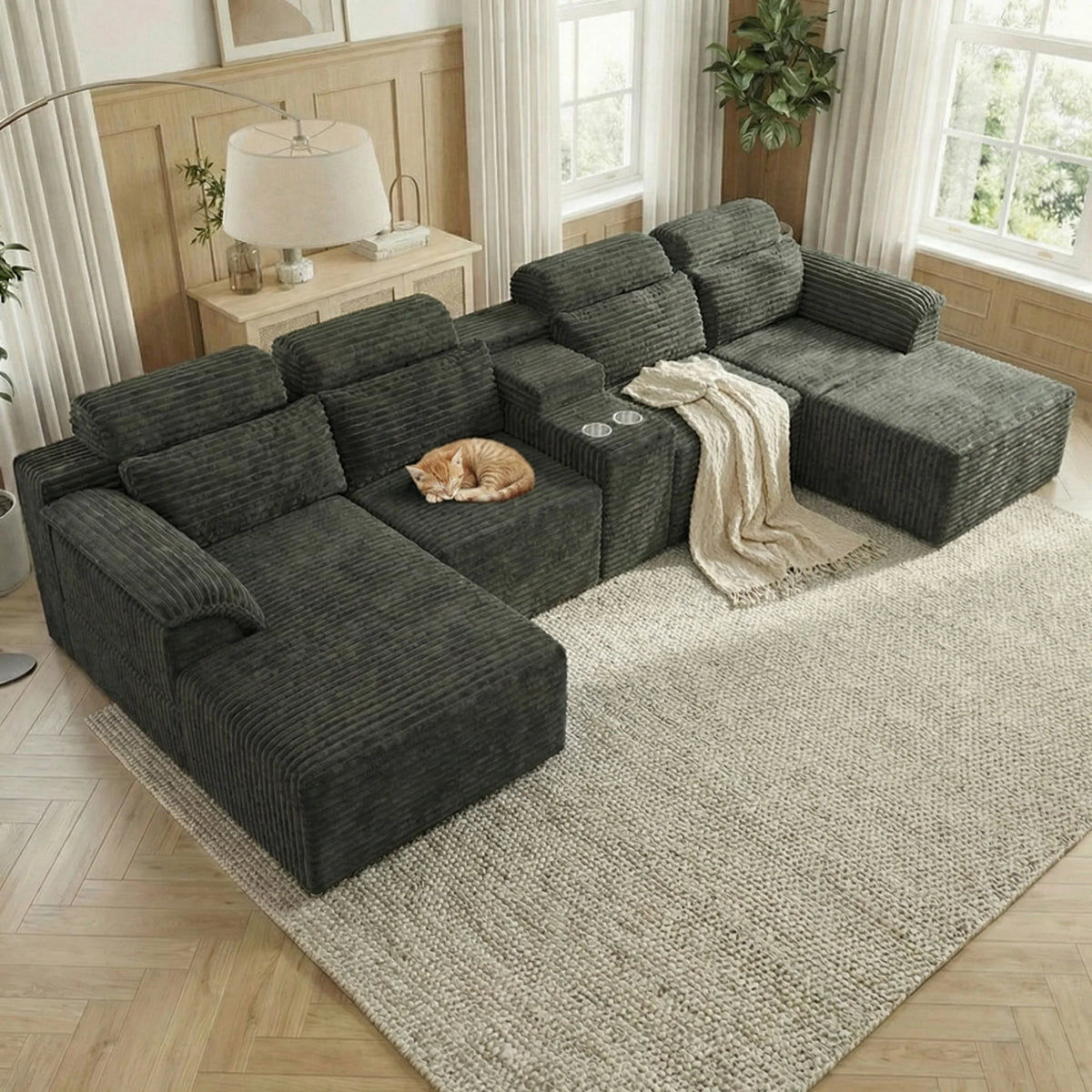 147" Luxury Cloud U-Shaped Sectional Couch, No Assembly Convertible Corduroy Modular Sofa Bed For Living Room, Home Theater, Villa, Apartment & Study